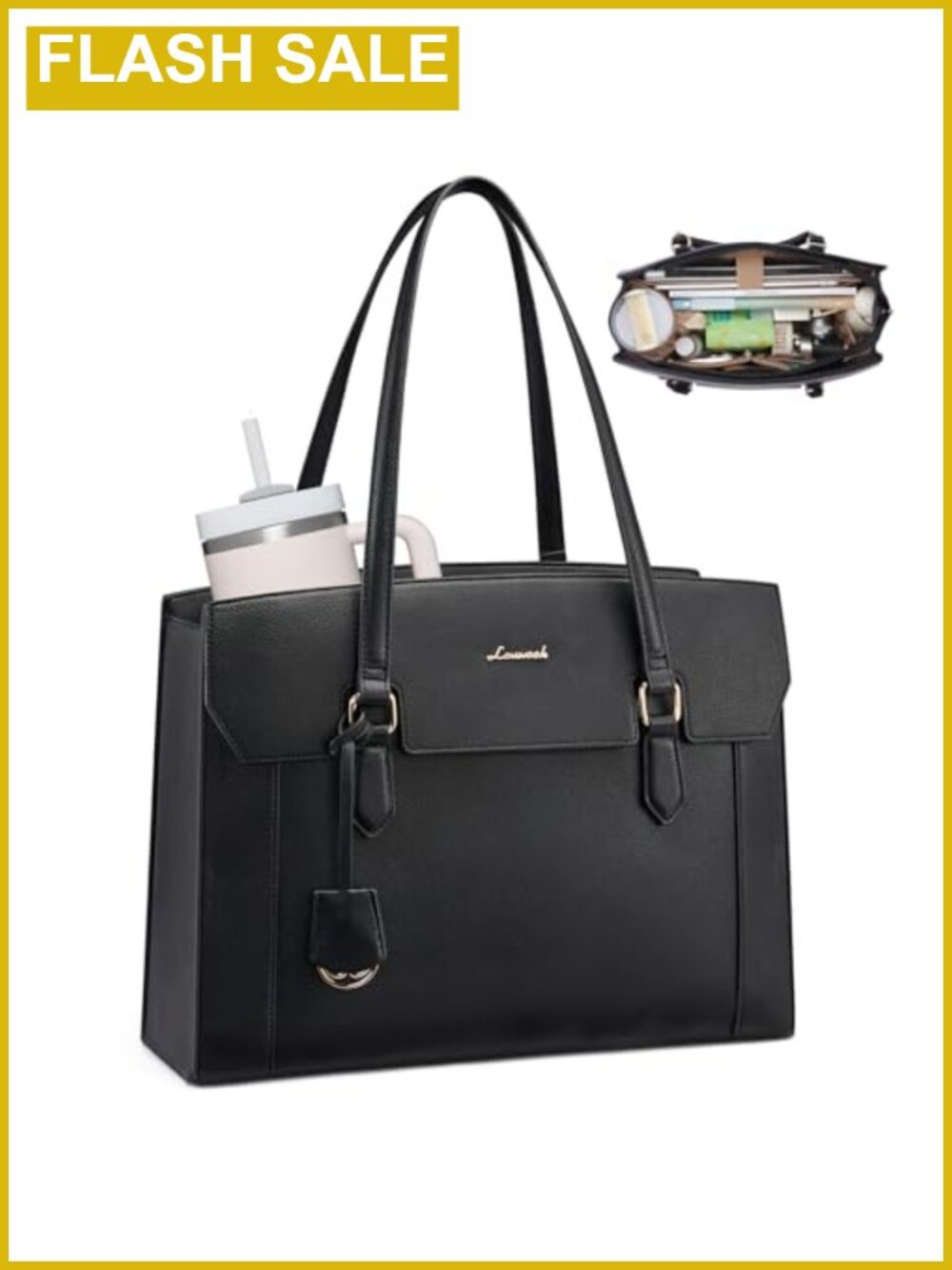 Women's Laptop Tote Bag with Large Cup Holder, 15.6 Inch Waterproof PU Leather